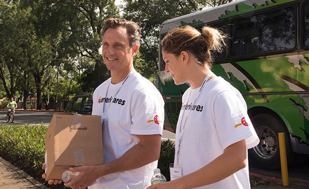 Americares Ambassador Tony Goldwyn and his daughter Tess arrive at a children’s home in Guatemala supported by Americares in October 2017. 