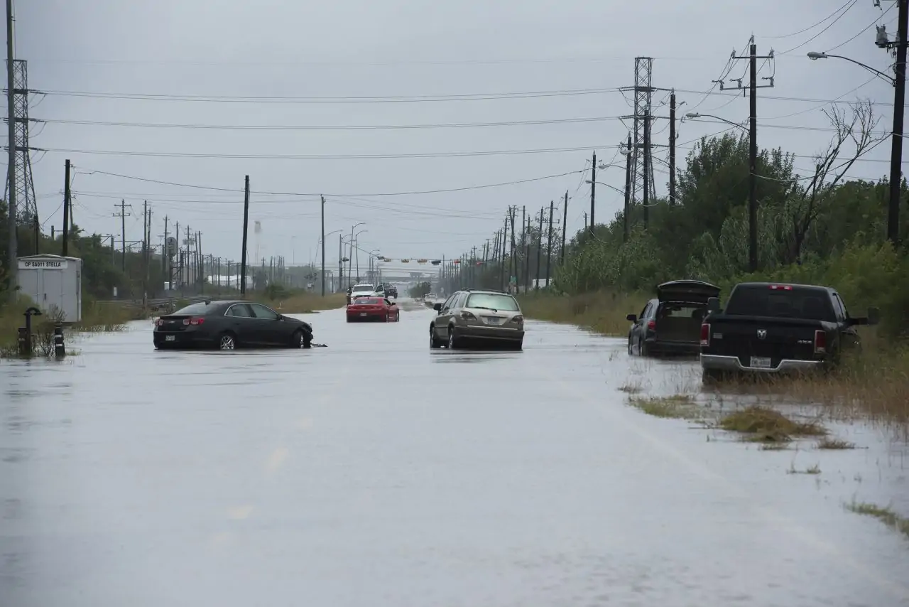 Photo of a flooded road in Beaumont Texas