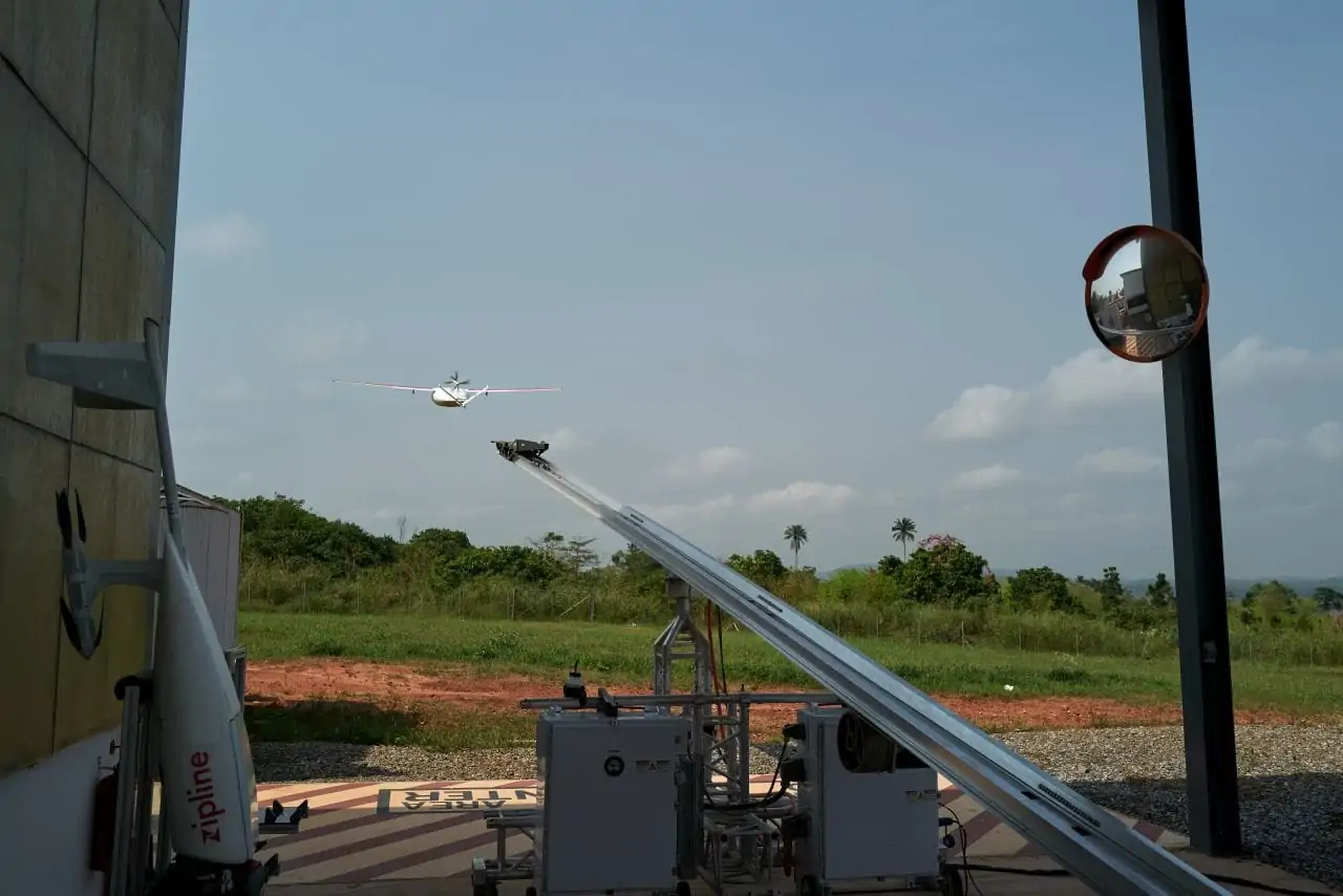 Drone taking flight in Ghana delivering medicines and supplies