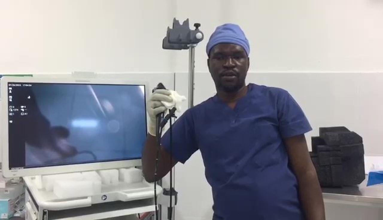 Dr. Jolius demonstrates the use of the Cystoscope at the Surgicenter in Haiti