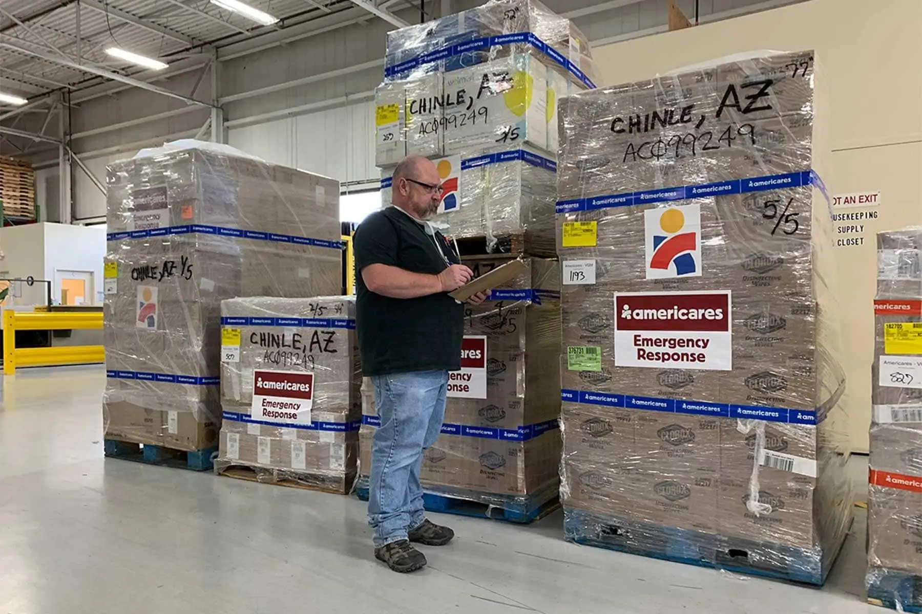 Workers at Americares distribution center in Stamford, Conn., prepare shipments of personal protective gear, disinfectants and hygiene products for Native American communities affected by the COVID-19 pandemic in Arizona, New Mexico and Nevada. Photo courtesy of Americares.